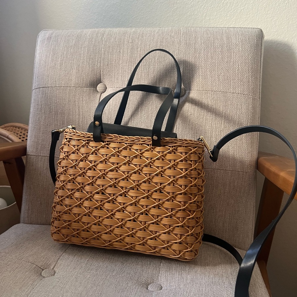 Tan and Black Woven wicker Handbag